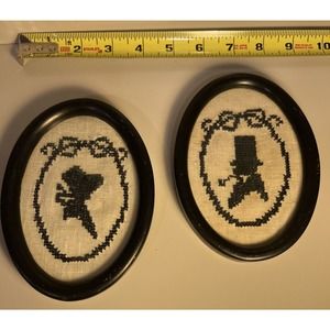 VINTAGE Needlepoint Side Profile Portraits on Linen Oval Frame Set of 2